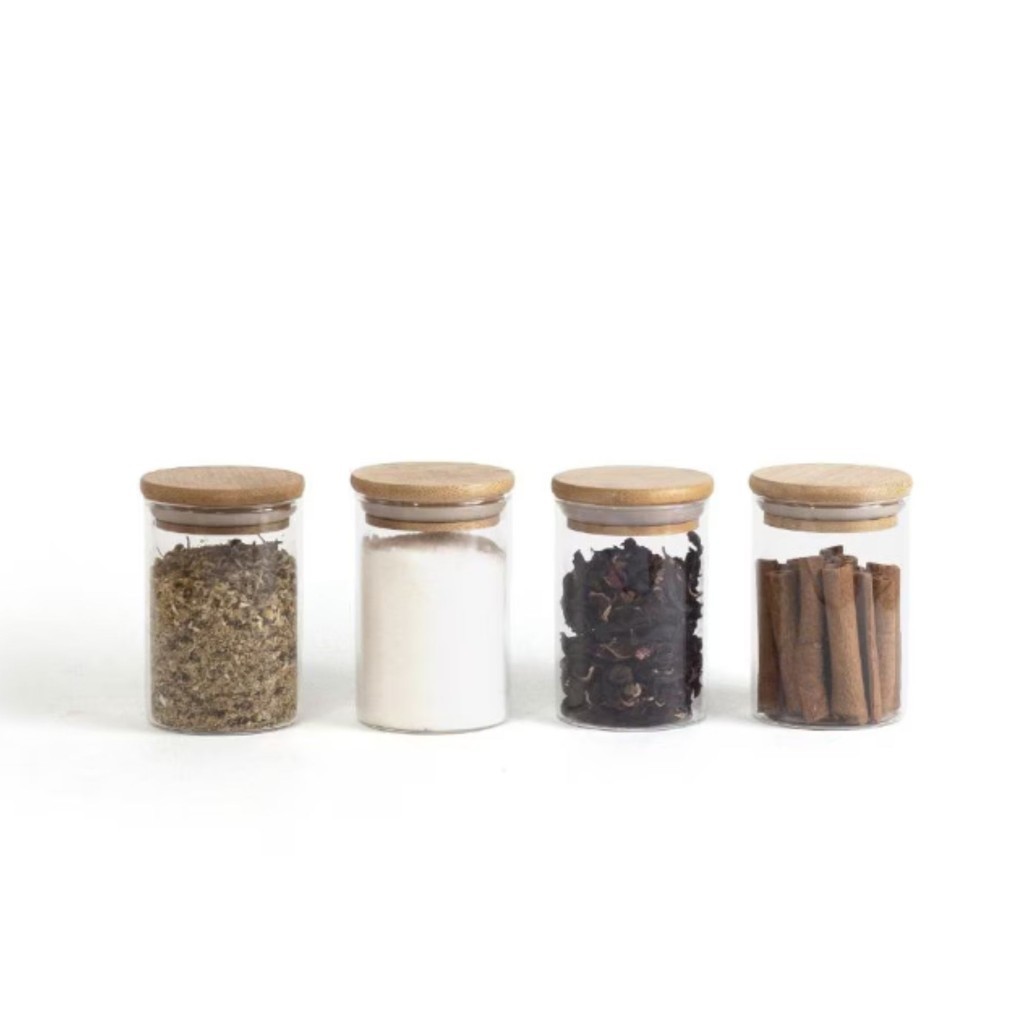 Kit 4 Pote Porta Temperos Mantimentos Design Versátil Tampa De Bambu Hermético 250ml