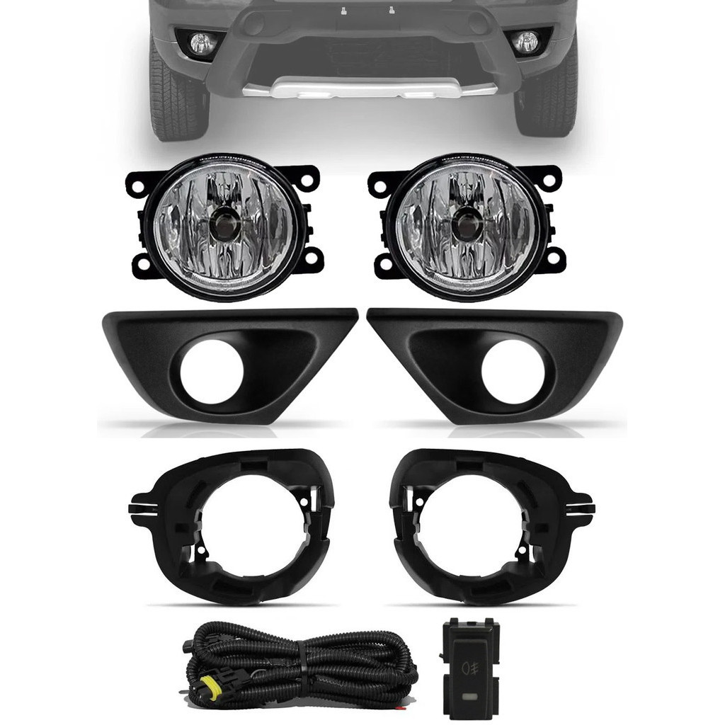 Kit Farol de Milha Renault Duster 2015 2016 2017 2018 2019 + Moldura e Base Para Fixação - Botão Painel