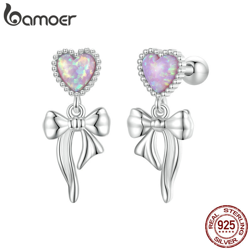 Bamoer 925 Sterling Sliver Studs Brincos Opala Bowknot Jóias Presentes Para Mulheres