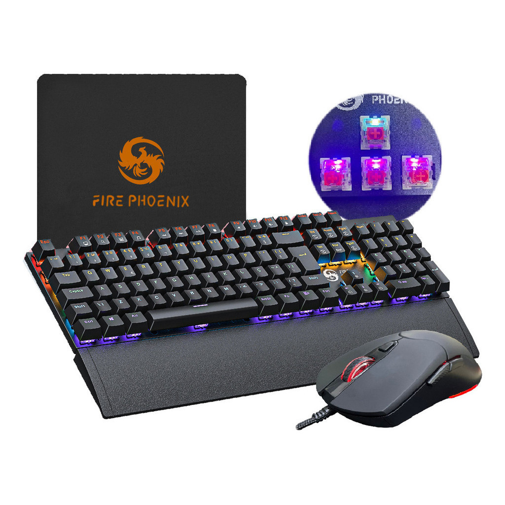 Kit Teclado E Mouse Mecânico Dpi 7200 Abnt2 Gamer Luz Led Rgb Switch Red Usb Computador Pc Bk-06
