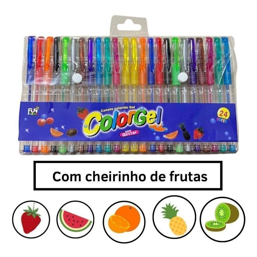 Kit Com 6/8/10/12/24/36 Unidades Canetas Gel Cheirinho de Frutas Coloridas Perfumadas Brilhante Glitter Neon Tons Pastel