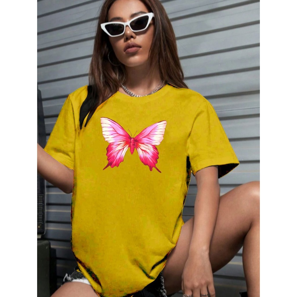 Camiseta Overzised T-Shirt Streetwear Estampada Inseto Borboleta Rosa Brilhante Tecido Confortável 