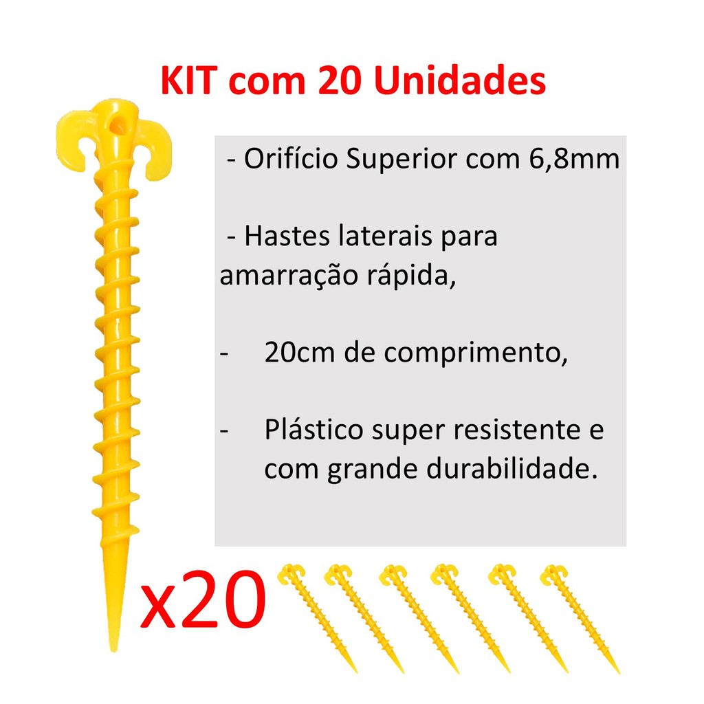 KIT 20 Estacas P/ Barraca Quadra Areia Gramado Gazebo Beach Tenis Guarda-sol Tenda  C/ Rosca 10mm
