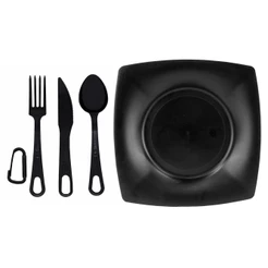 Kit Prato Preto Quadrado 22x22cm + Talher de Campanha Colher/Garfo/Faca Preto