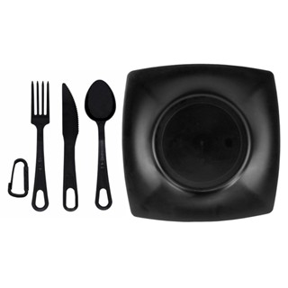Kit Prato Preto Quadrado 22x22cm + Talher de Campanha Colher/Garfo/Faca Preto em Oferta na Shopee