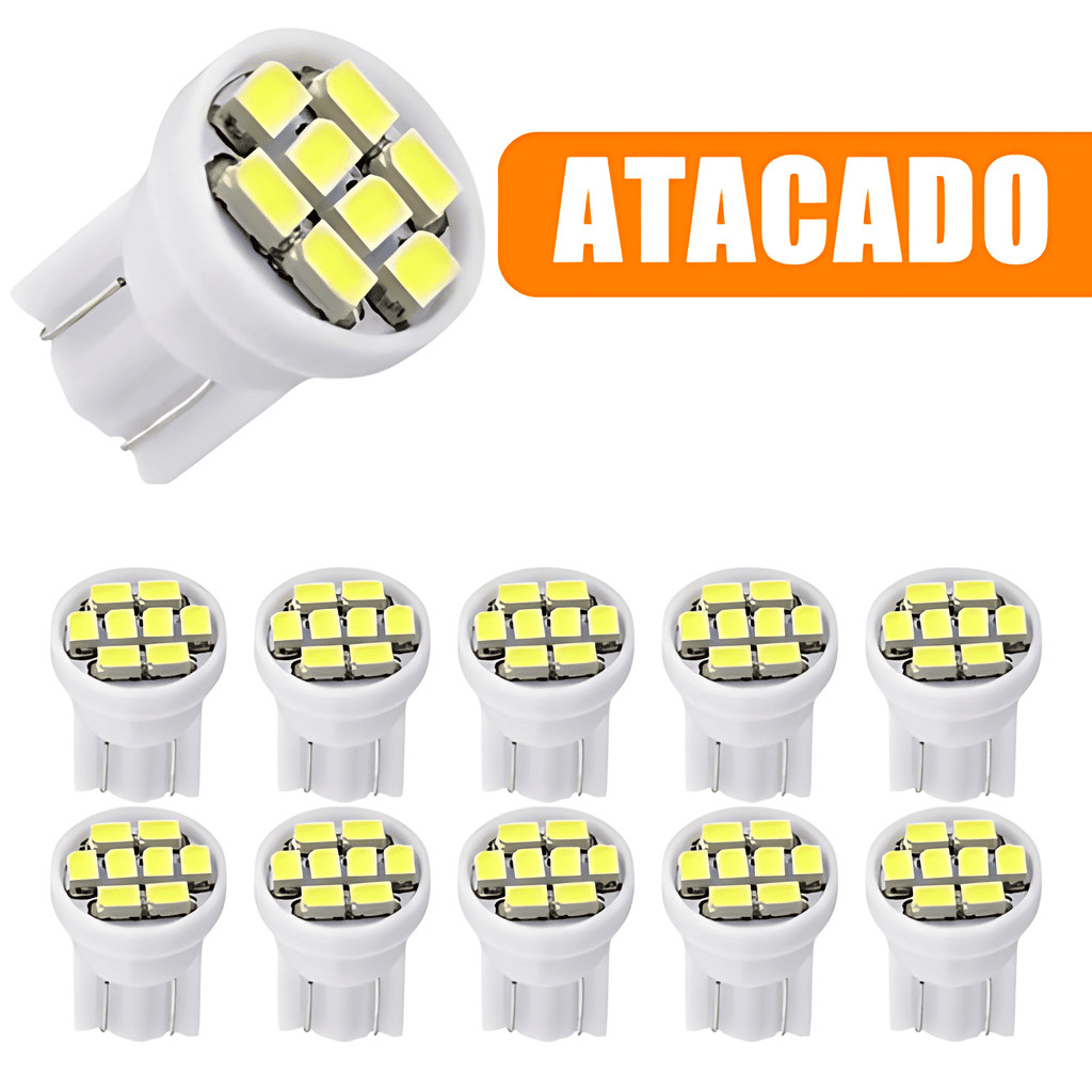Kit 5 - 10 x Lâmpadas T10 8 leds Automotiva carro pingo w5w super LED 12v Meia Luz Teto Mala Placa Lanterna break light