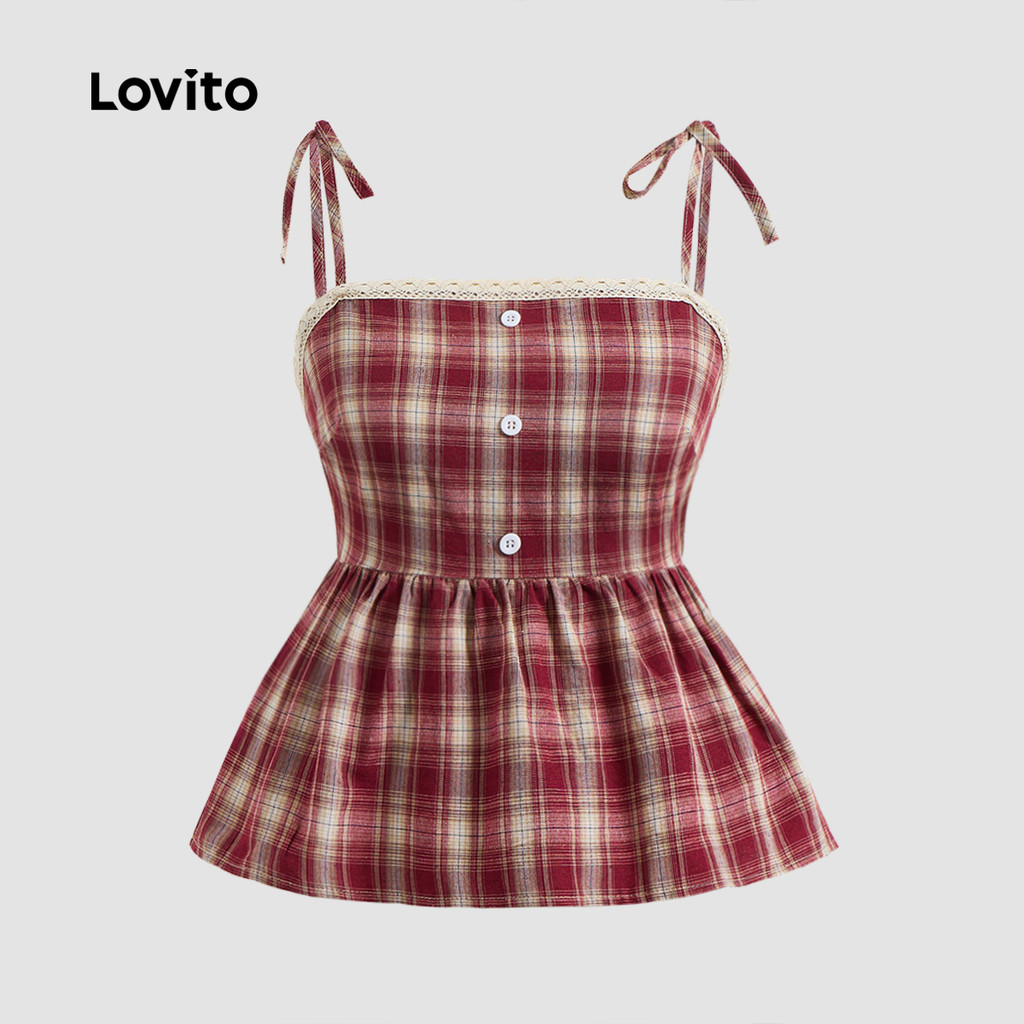 Lovito Casual Xadrez Babados Bainha Amarrar Frente Botão Regata para Mulheres L124AD214 - Women Clothes