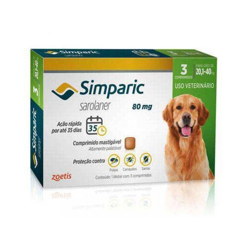 Antipulgas Simparic 80mg para Cachorros de 20 a 40kg Zoetis com 3 comprimidos - Pets