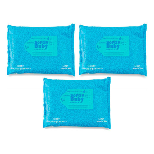Lenços Umedecidos Higiene Limpeza Banho Bebê Softly Baby 3 pacotes com 100 Unidades Vitaminas A C E Aloe Vera Camomila