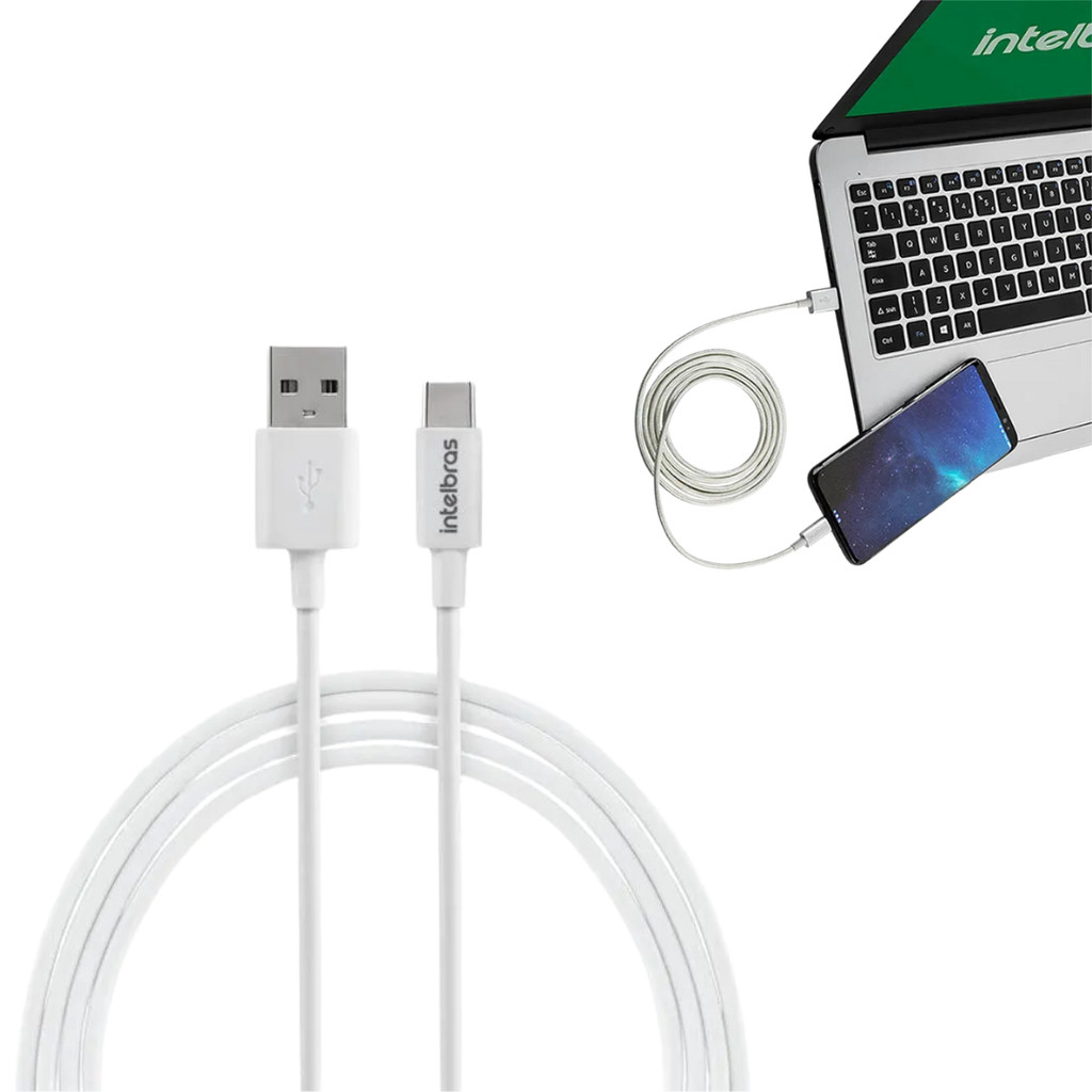 Cabo USB - USB-C 1,2m PVC Branco Intelbras EUAC 12PB Tipo C Smartphones Computadores Dispositivos Versátil Durável
