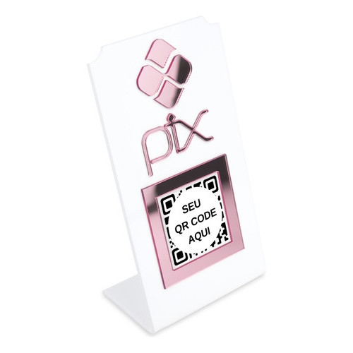 Placa Pix Qr Code Display Para Pagamentos Acrílico Branco Cor Branco E Rosa