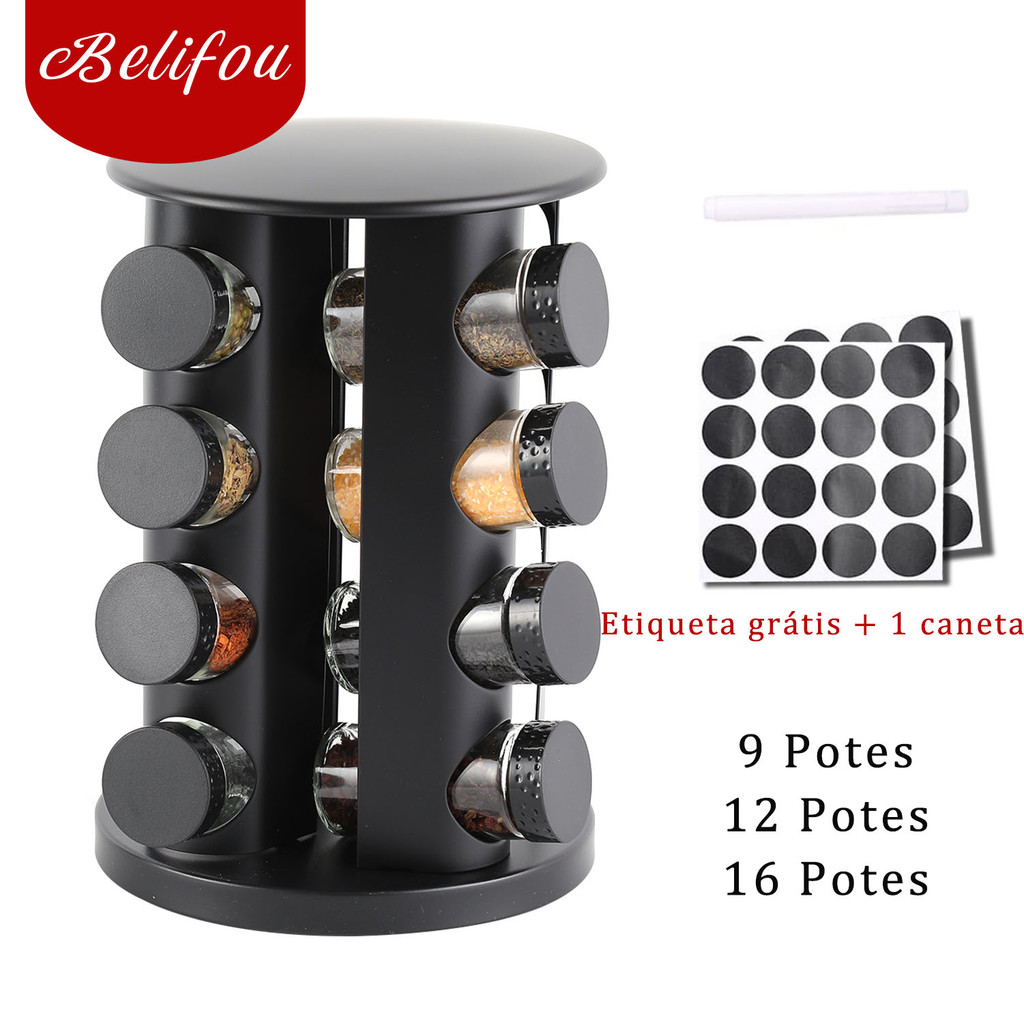 Belifou Porta Tempero Preto Giratorio Com 9/12/16 Potes Vidro Suporte Para Especiarias Giratório 360 Graus