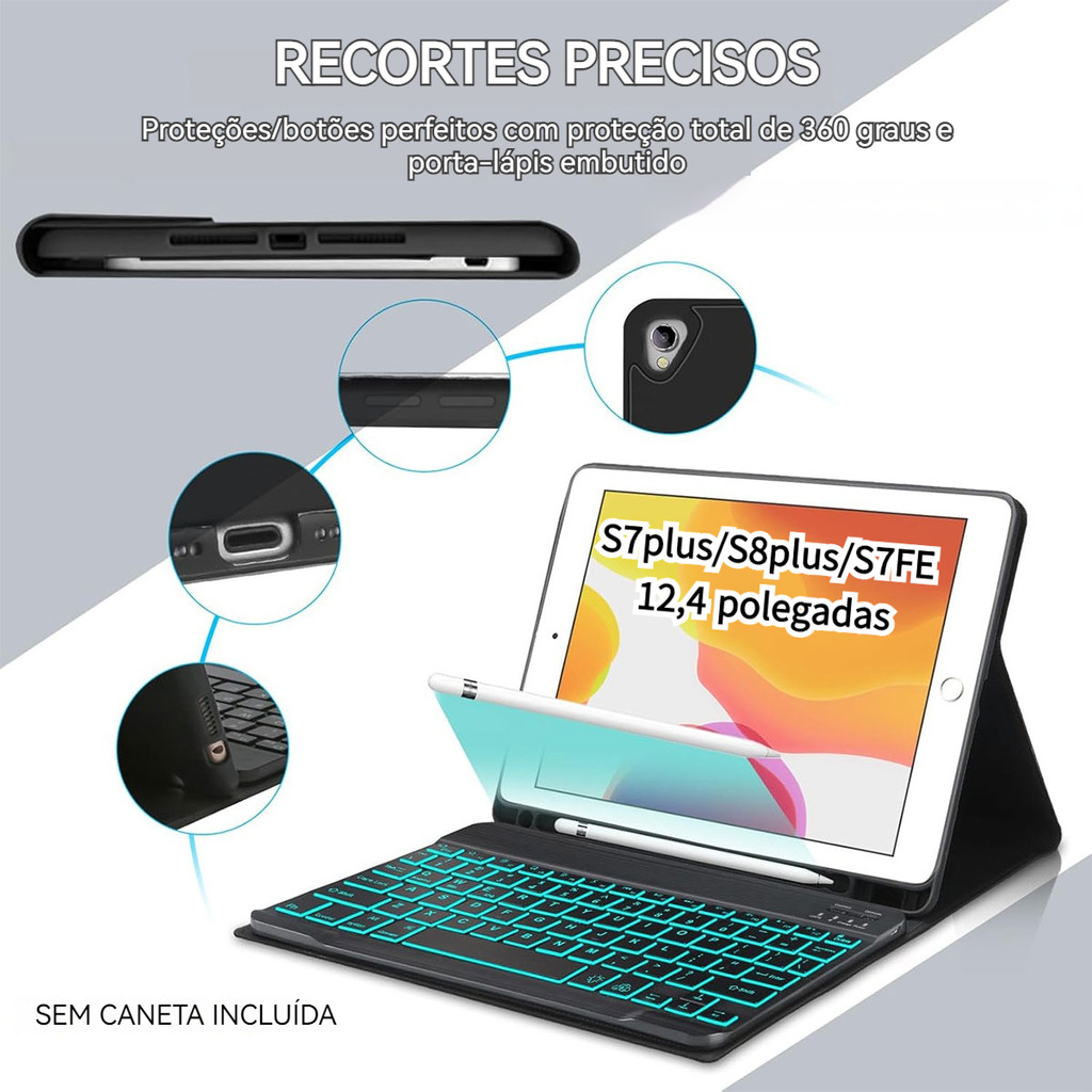 capa tablet com teclado iluminado para Samsung Tab S7plus/S7 FE/S8plus 12,4polegadas