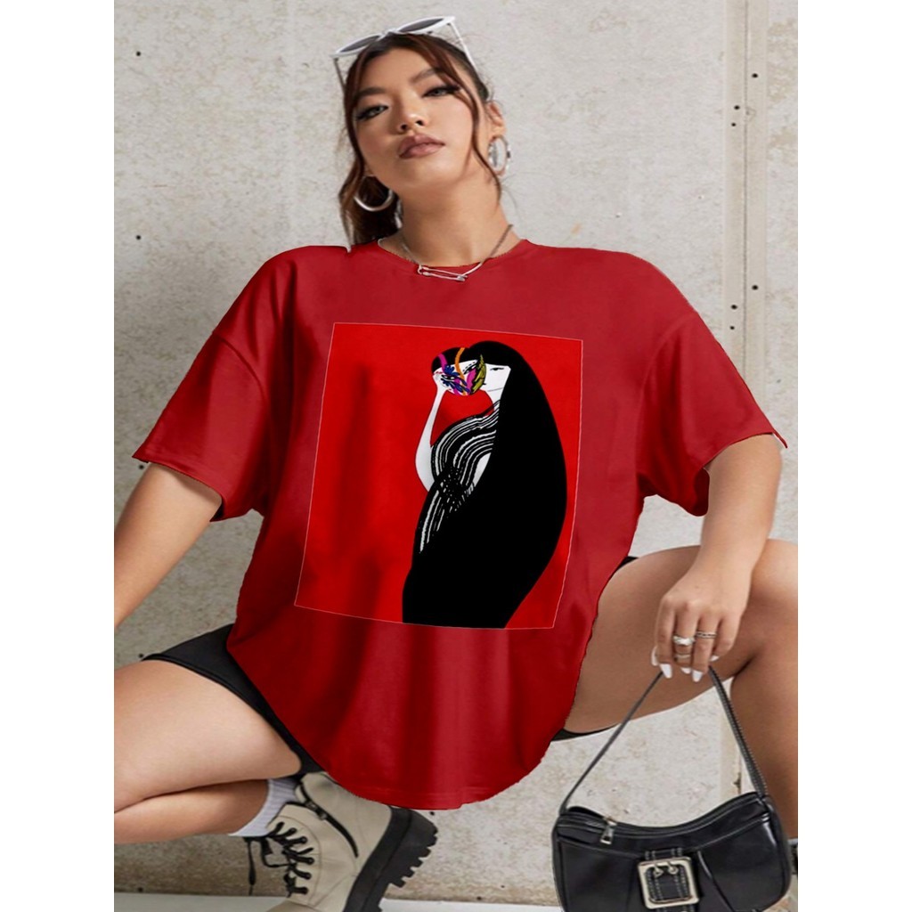 Camiseta Feminina Oversized Estilosa Moda Gringa Estampada Cabelo Preto Moderna Confortável