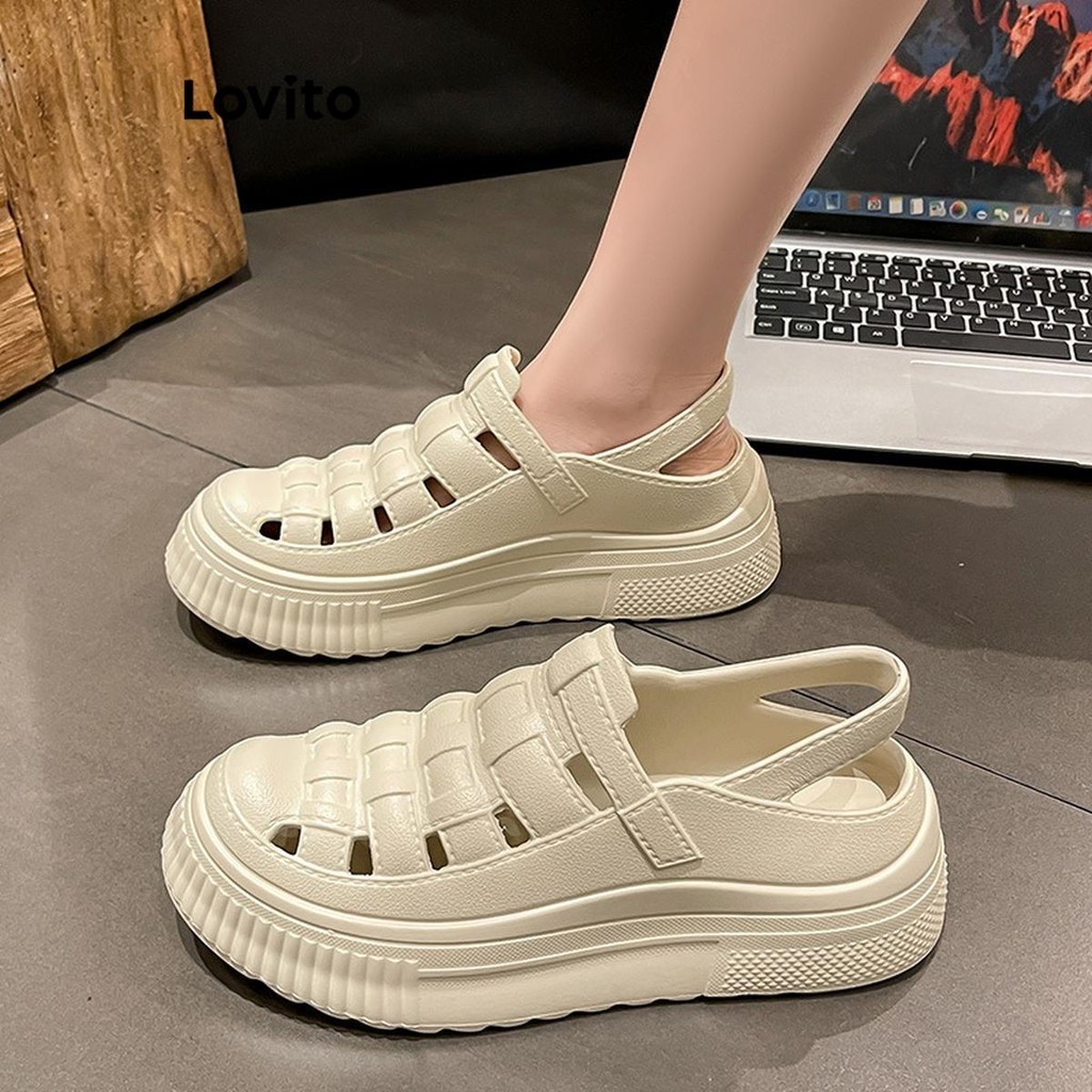 Lovito Casual Liso Eva Roman Tecelagem Aumentada Sola Grossa Sandálias Ocas Sandália Plana Para Mulheres LFA62084 - Women Shoes