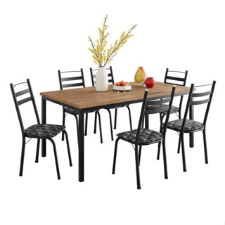 Conjunto de Mesa Retangular com Tampo de MDP Amadeirado e 6 Cadeiras Adriana III Revestimento Sintético Silver e Preto em Oferta na Shopee