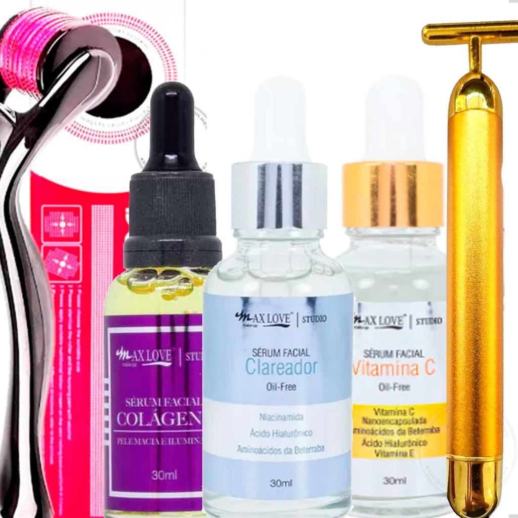 Microagulhamento Roler+Sérum Colágen+Clar +Vit C+Massageador Gold harmonização Facial