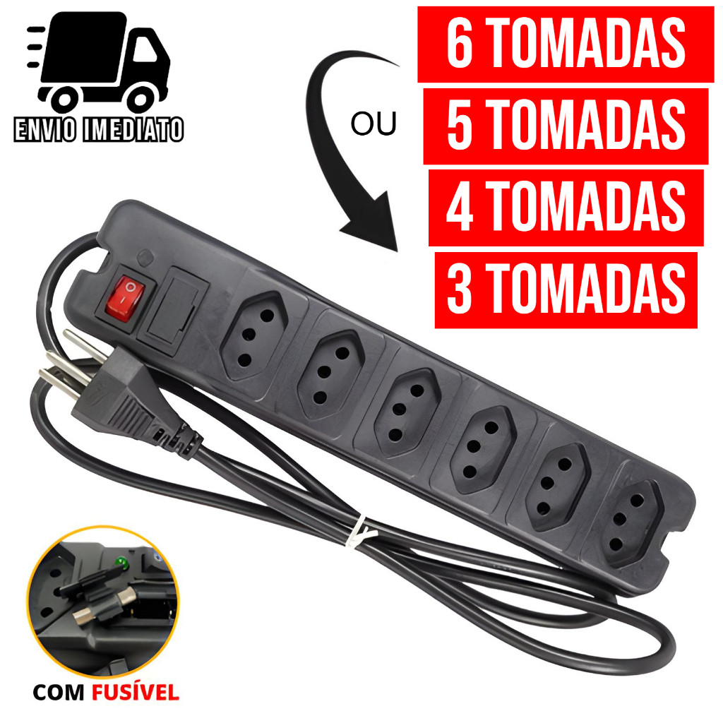 Filtro de Linha e Régua de Tomadas Fusível Extensão Elétrica Bivolt 3 4 5 ou 6 Tomadas Tripolar