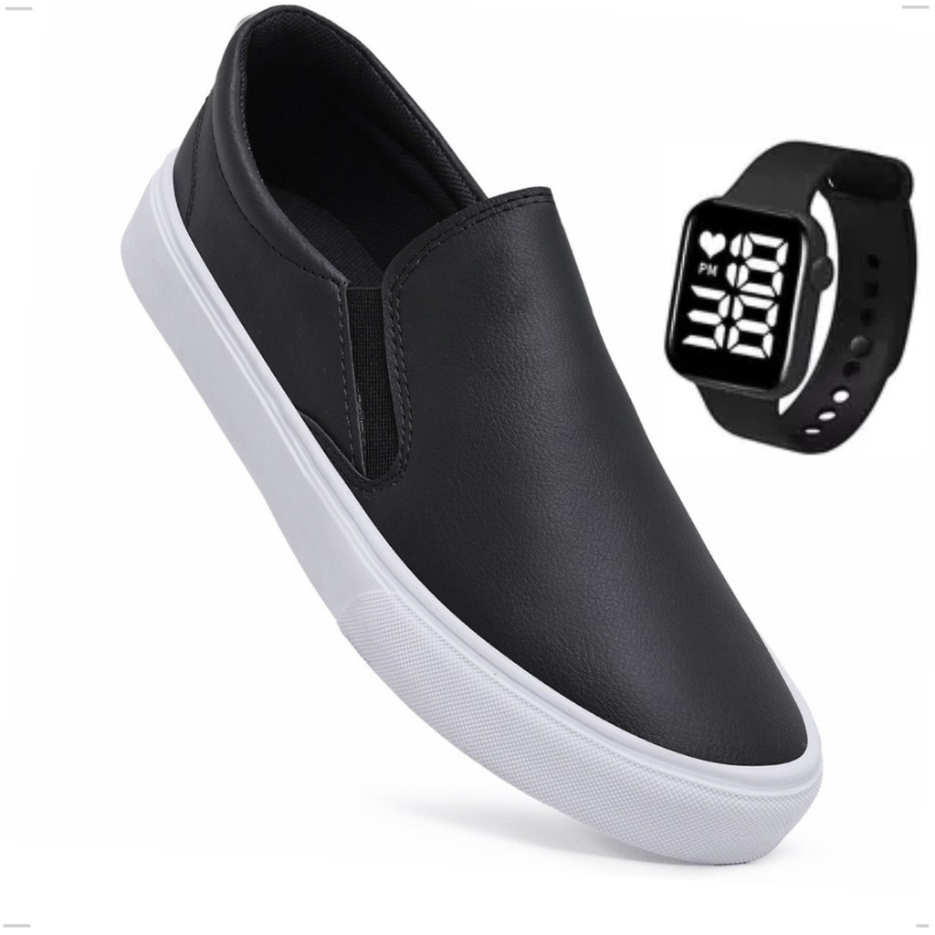 Tênis Slip On Casual Masculino Iate Sapatênis Sem Cadarço Iate Moda Leve Confortável + Relógio
