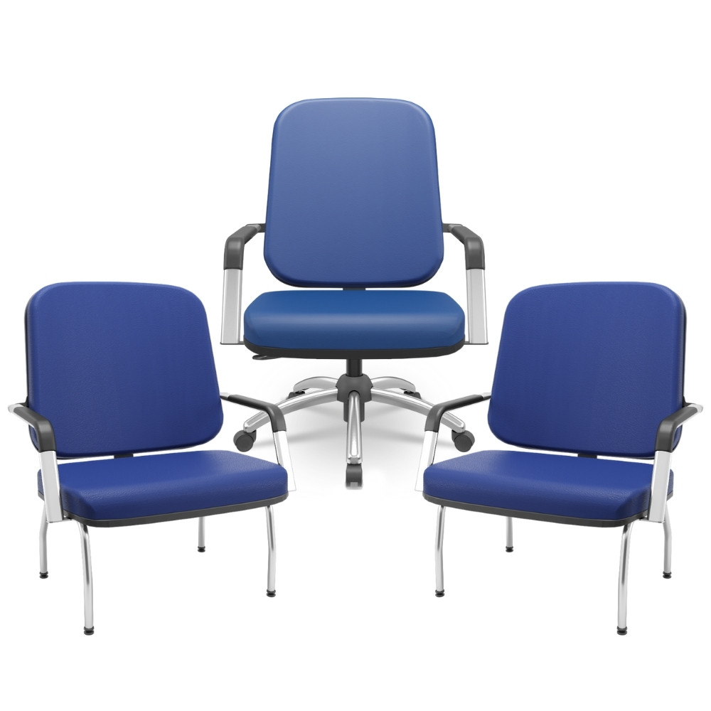 Kit Cadeira de Escritório Giratória e 2 Cadeiras Fixas Cromada Magno P03 Vinil Azul - Lyam Decor