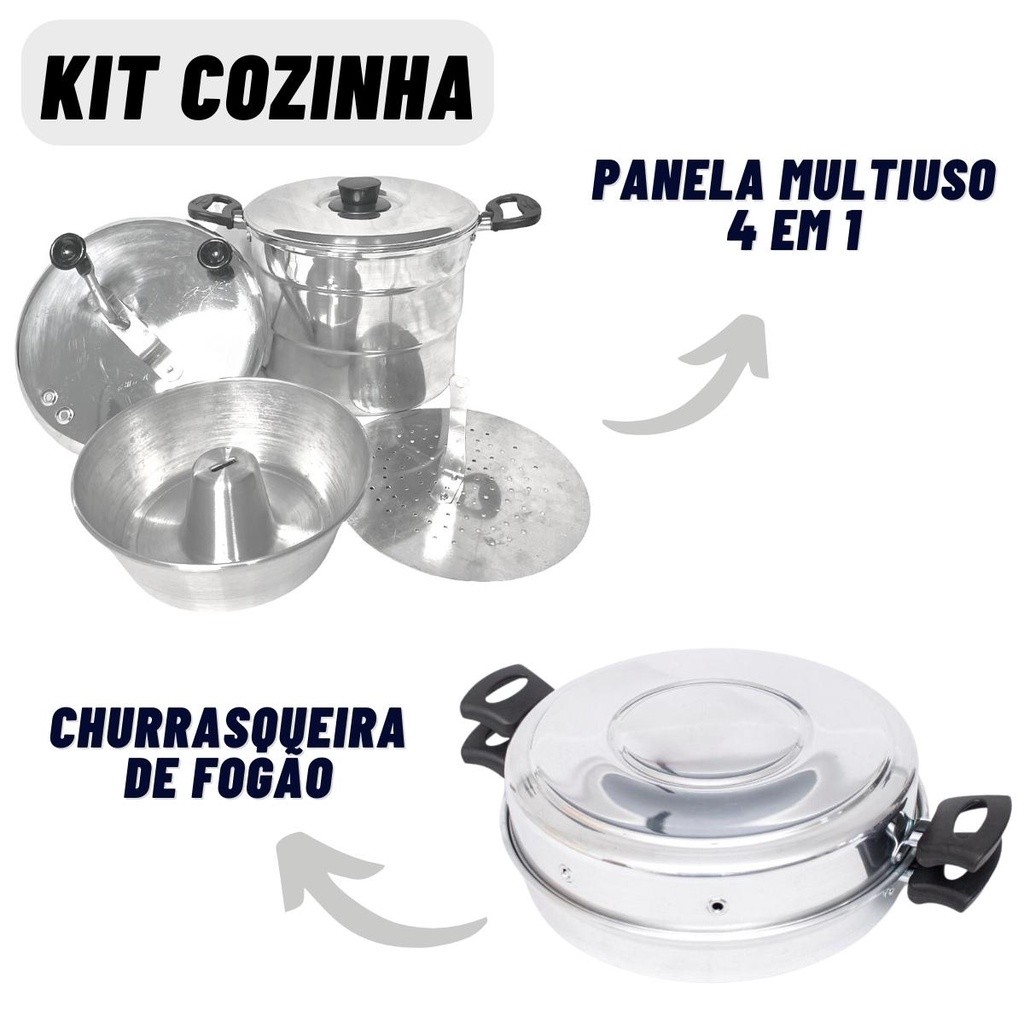 Jogo Cozinha 2 peças - Panela 4 em 1 Cuscuzeira Pipoqueira Pudim + Churrasqueira de Fogão