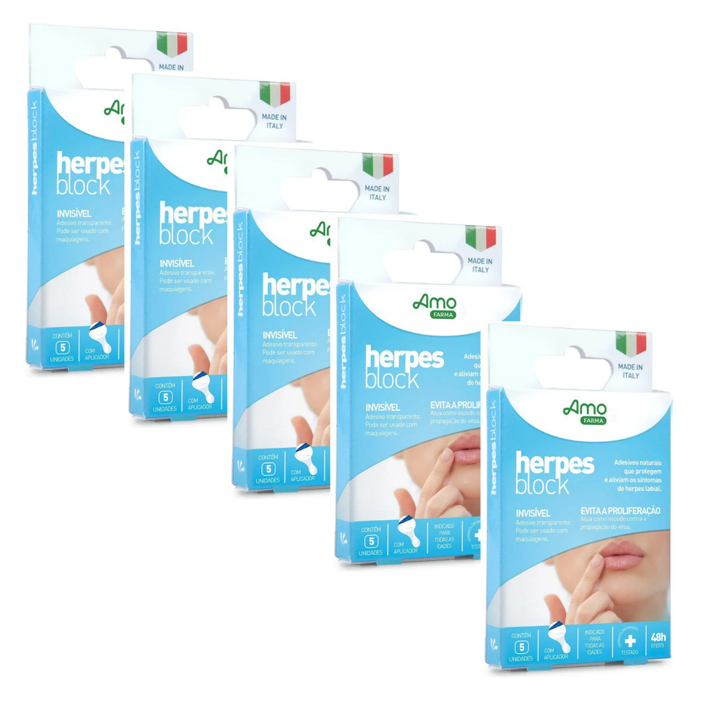 Kit 5 cartelas Adesivo Herpes Block Labial Proteção Dermatológico 25 unidades