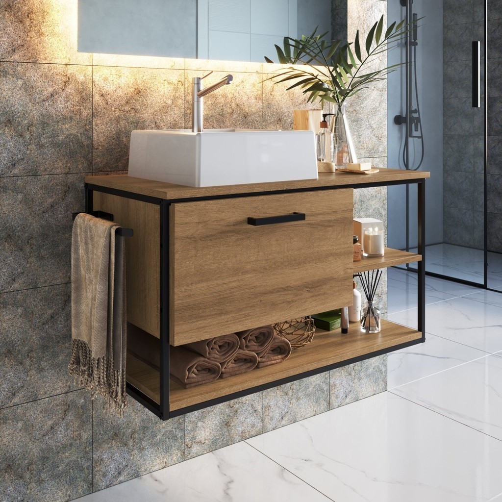 Gabinete Suspenso para Banheiro 80cm P1007 Sem Cuba Preto/Mel - Home & Living