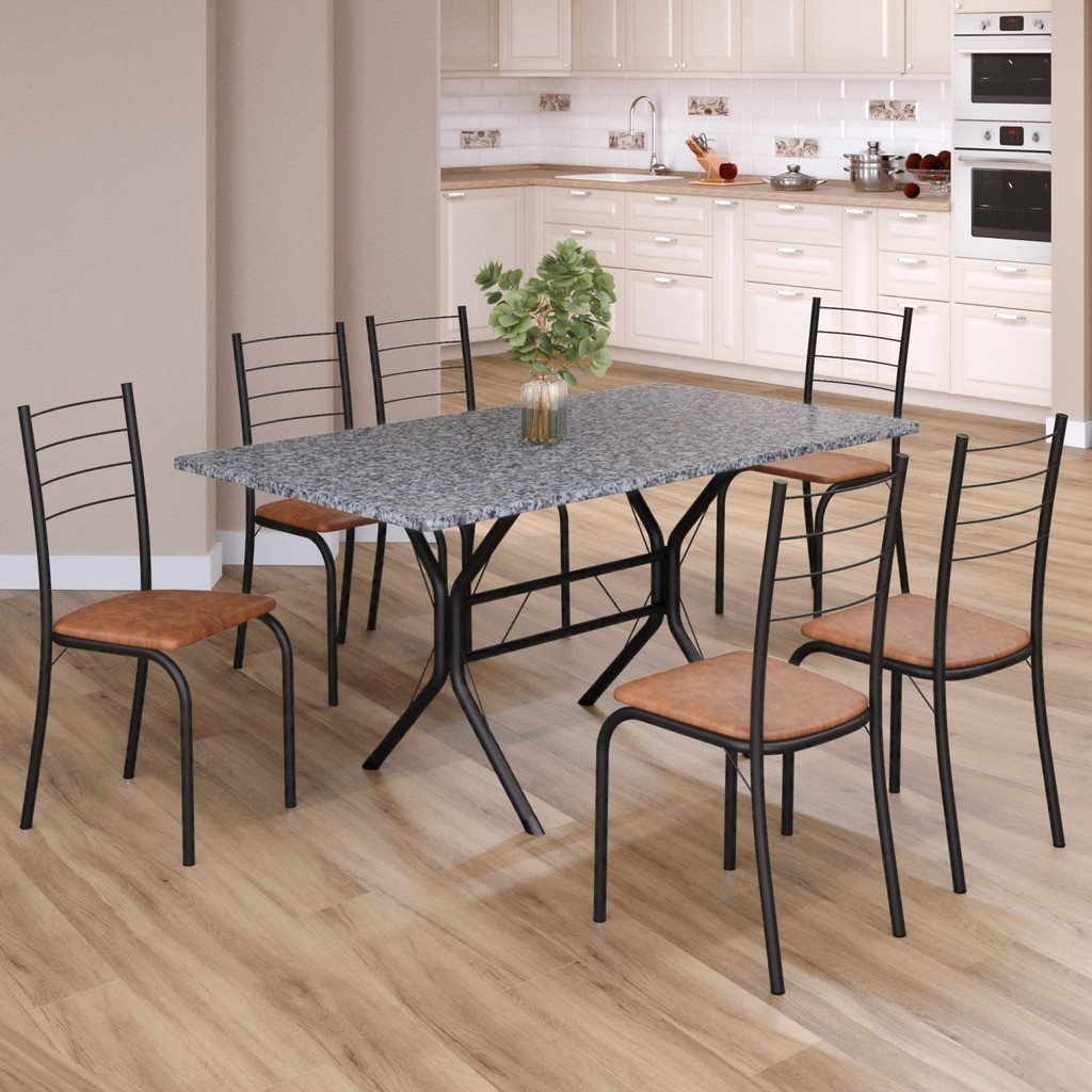 Conjunto Sala de Jantar Mesa Retangular 140x75cm Tampo Granito Ocre 6 Cadeiras Rio Marrom/Preto em Oferta na Shopee