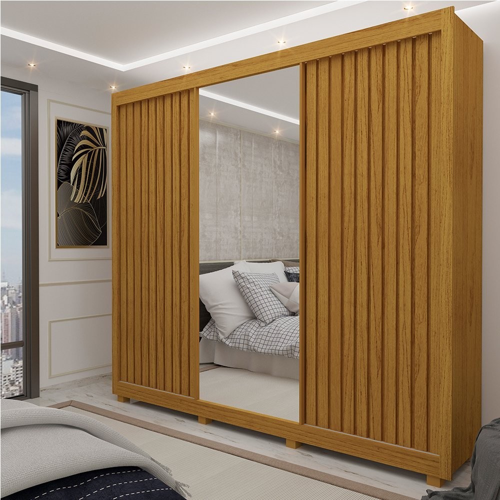Guarda Roupa Casal com Espelho 3 Portas Pés Royale Ripado 100% MDF Naturale - Home & Living