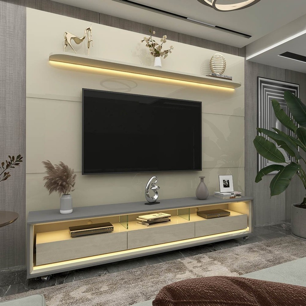 Rack com Painel para Tv até 90 Polegadas Led 3 Gavetas com Rodízios 220cm Royal/requinte 100% MDF - Home & Living