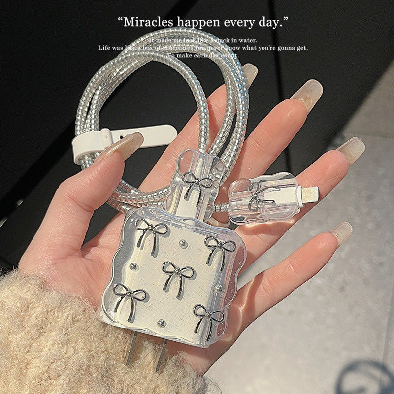 Coreano 3D Transparente Brilhante Bowknot Pearl Nova Capa Protetora De Cabo USB Epóxi Para iPhone 18W/20W De Carregament