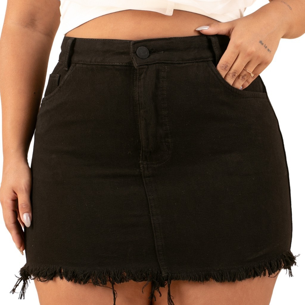 Saia Jeans Preta Plus Size Barra Desfiada Cintura Alta em Oferta na Shopee