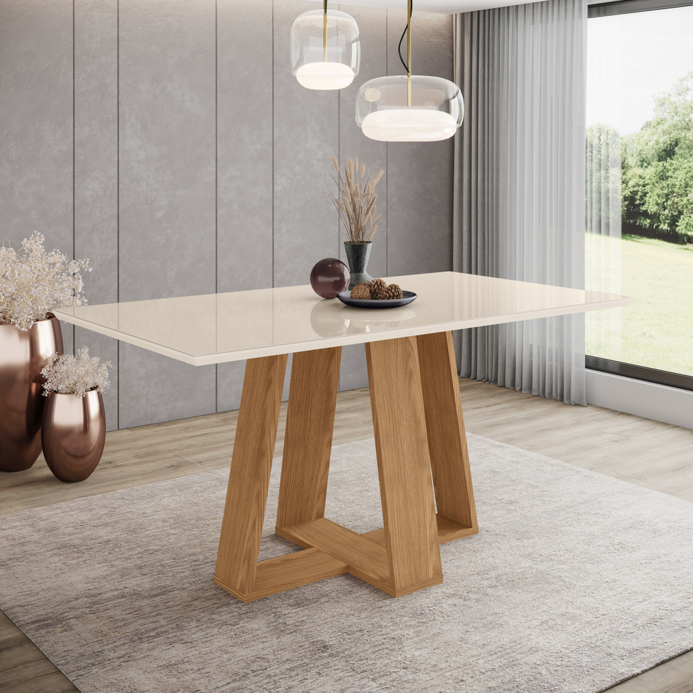 Mesa de Jantar 6 Lugares 1,6m Tampo MDF e Vidro Canto Reto Lins Henn