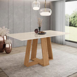 Mesa de Jantar 6 Lugares 1,6m Tampo MDF e Vidro Canto Reto Lins Henn