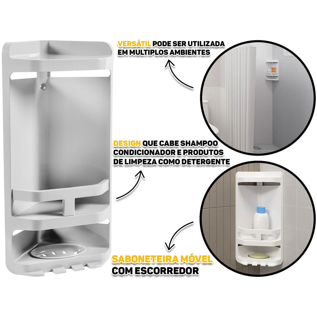 Cantoneira Plástica Dupla Para Banheiro Com Porta Shampoo Saboneteira Multiuso Astra - Home & Living