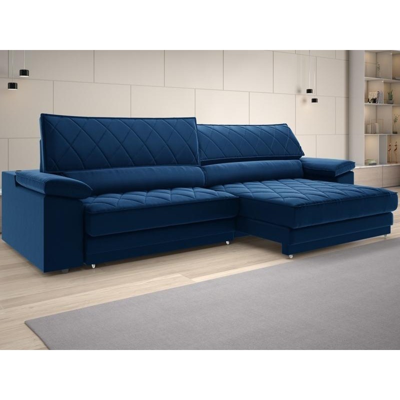 Sofá de Duplo Molejo com Carregador USB, Retrátil e Reclinável Viena 2,50m Veludocristal Azul Marinho- NETSOFAS - Home & Living
