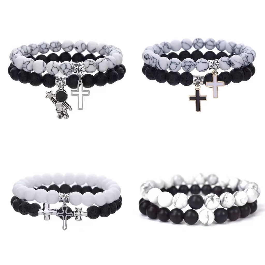 Clássico Conjunto De Pulseiras De Contas Brancas Pretas Para Homens Cruz Pingente Mulheres