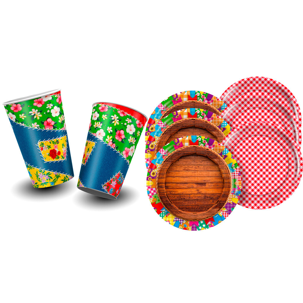 KIt Festa Junina Decora Arraia são joão 16pçs Copos + Pratos