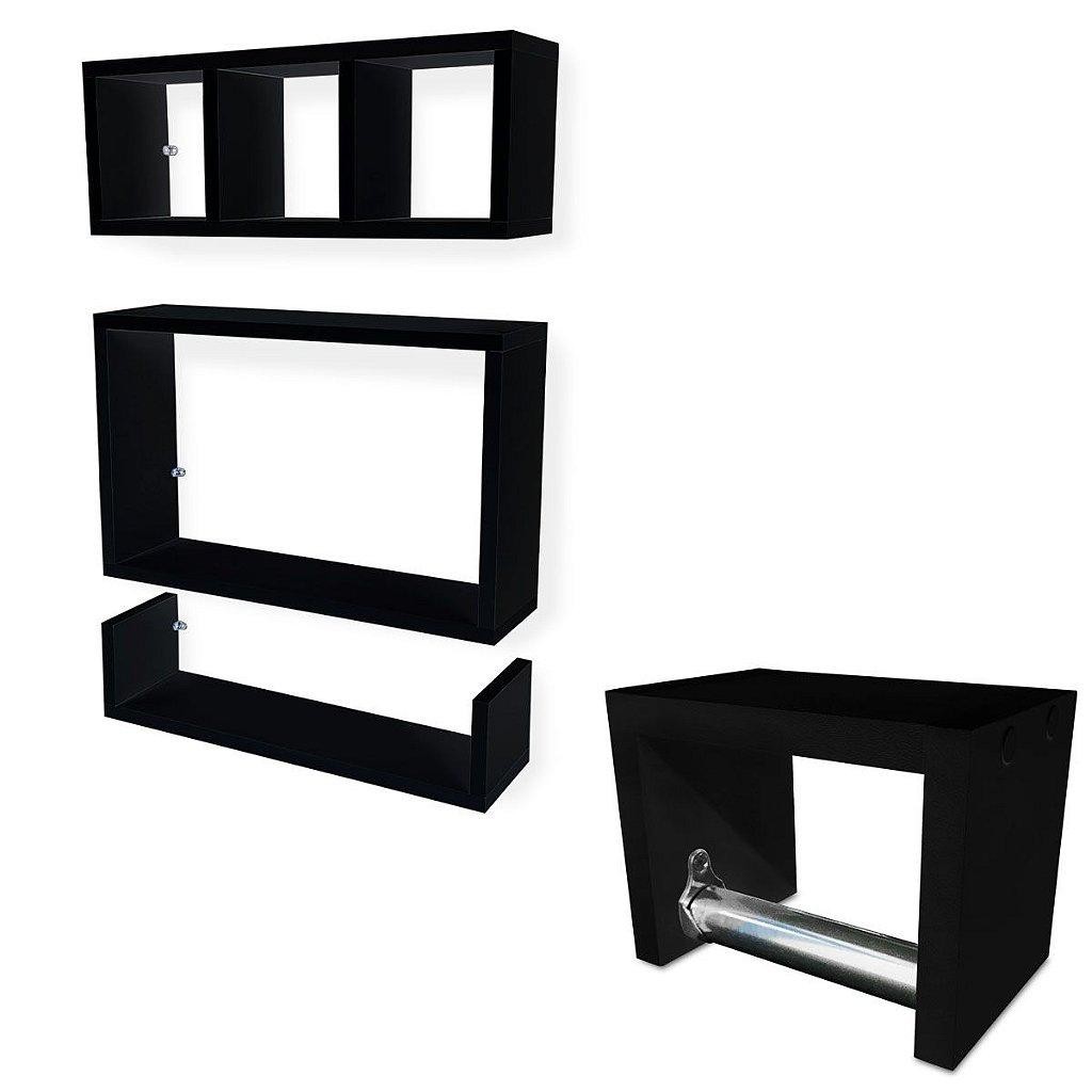 Kit Conjunto Nicho Prateleira Para Banheiro Farnese + Porta Papel Higienico Xangai Preto