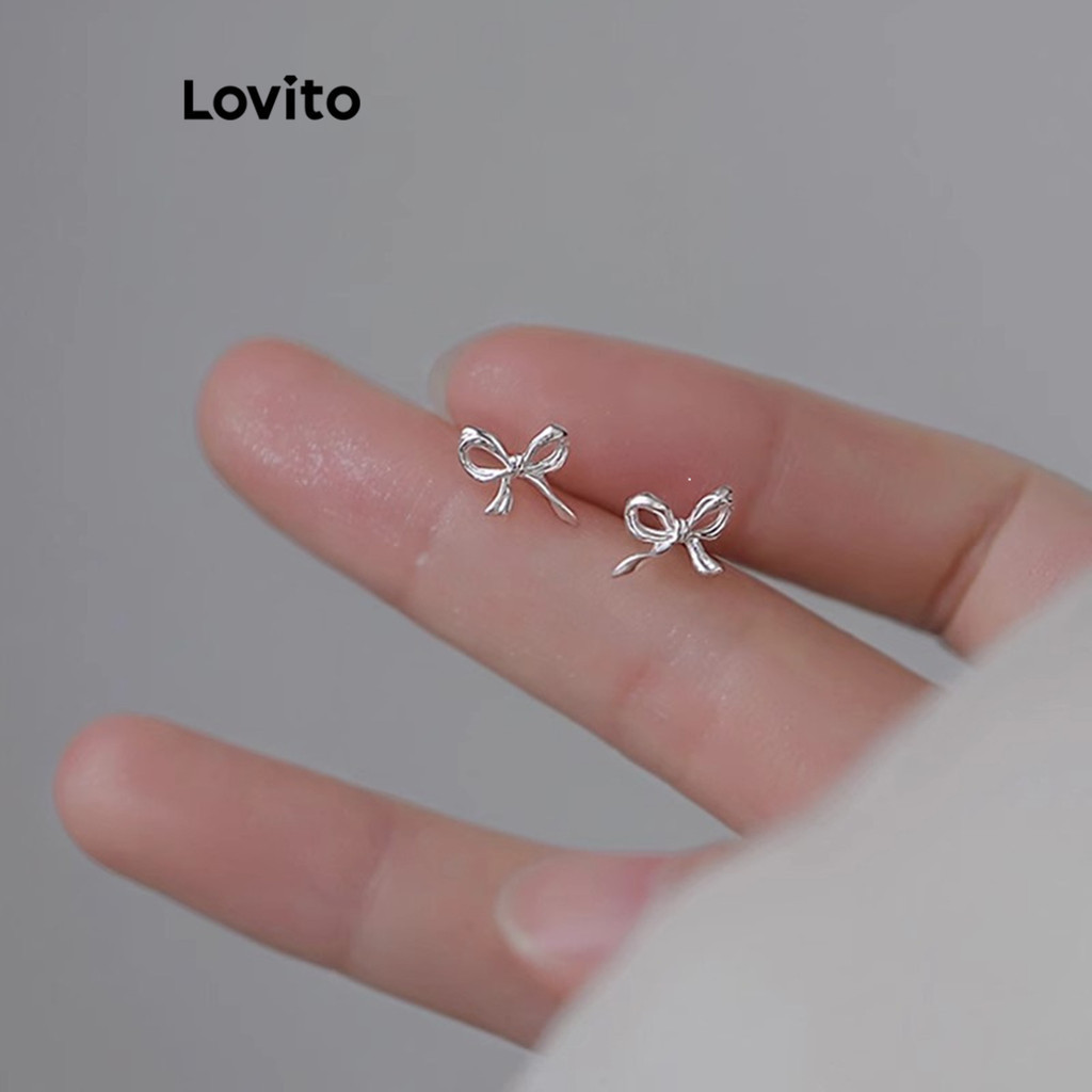 Detalhes do Lovito Brincos de laço casuais e simples para mulheres LFA36070