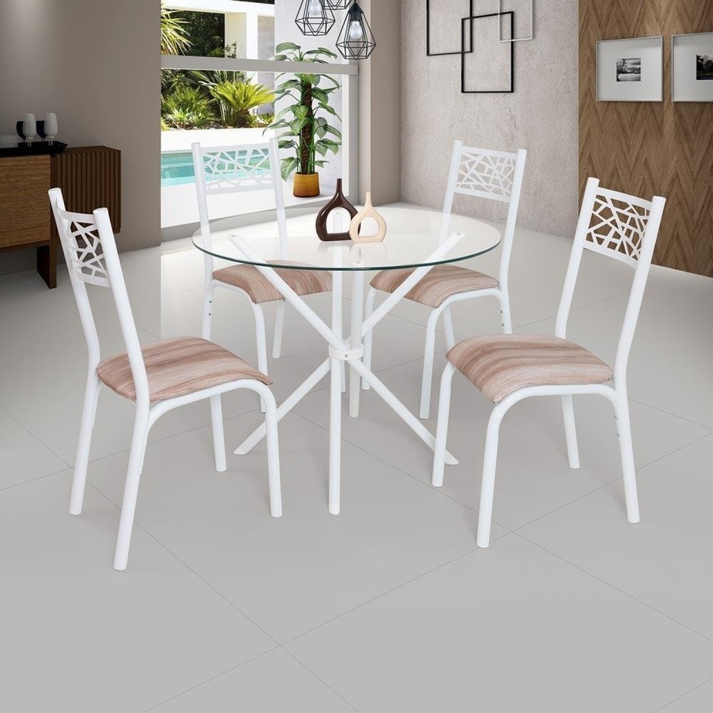 Conjunto Sala de Jantar Mesa Jade 90cm Tampo Vidrocom 4 Cadeiras  Branco/Capuccino em Oferta na Shopee