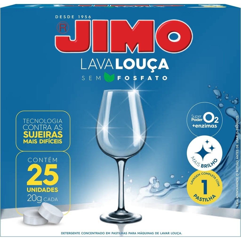 Jimo Lava-Louça Sem Fosfato 25 pastilhas de 20g Detergente Conc. Exclusivo P/ Maquina de Lavar Louça
