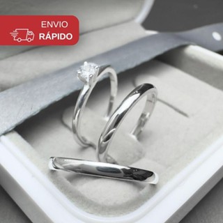 Aliança De Namoro Prata 3mm Fina + Solitário 925 Par Anel De Compromisso 950 Aço Inoxidável 316L em Oferta na Shopee