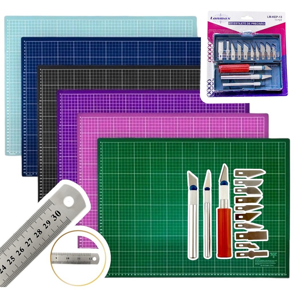 Kit Base Corte 45x30 Lanmax + Estilete Bisturi Com 13 Lâminas + Régua 30 Cm