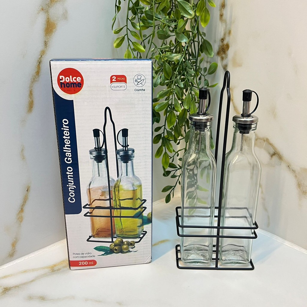 Porta Temperos Azeite Galheteiro com Suporte 3 peças Dolce Home