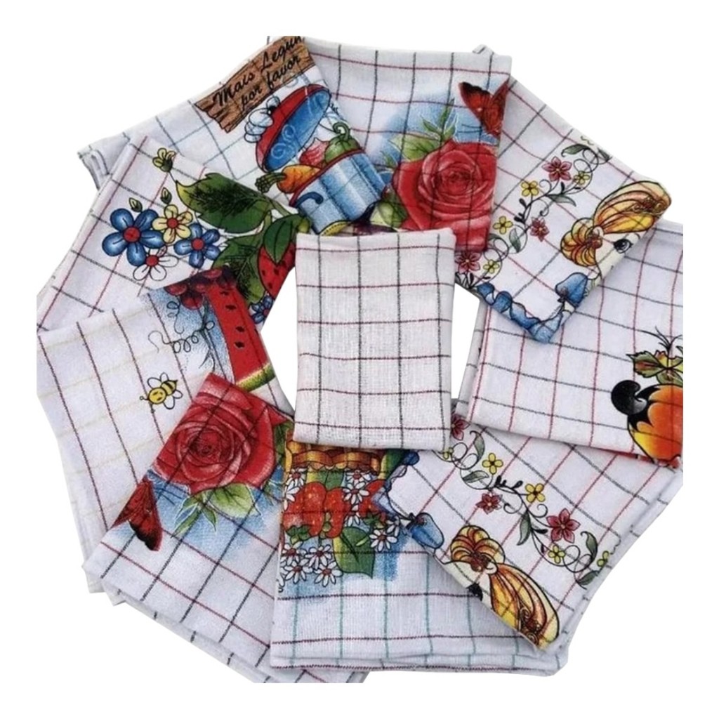 Kit Panos de Prato Copa e Cozinha Bom Guardanapo Branco e Xadrez Estampado 100% Algodão