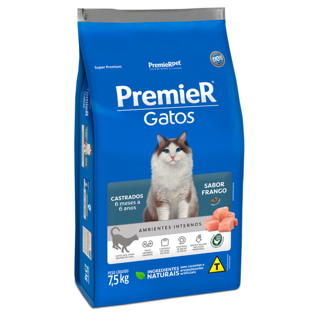 Ração PremieR Ambientes Internos Gatos Castrados para Gatos de 6 meses até 6 Anos Frango 7,5kg em Oferta na Shopee