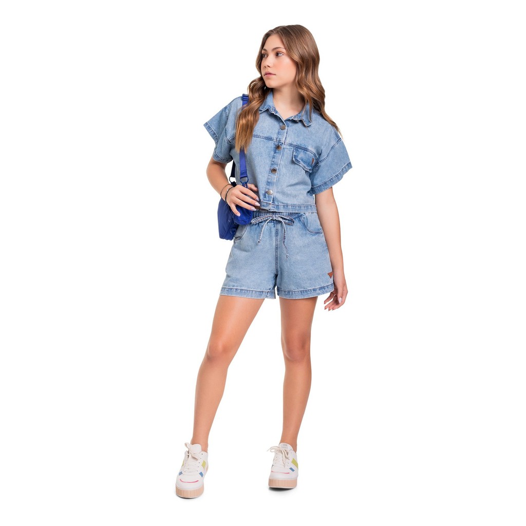 Camisa Cropped Jeans Juvenil Gloss em Oferta na Shopee