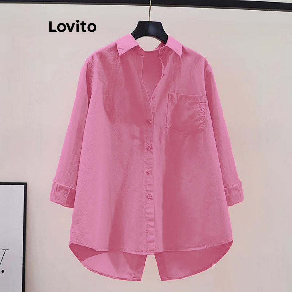 Detalhes do (Trendy) Lovito Blusa Casual Com Botão Liso E Estrutura Frontal Para Mulheres LNE29039 (Rosa Quente/Branco)