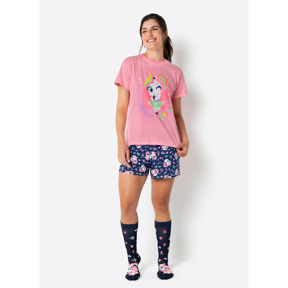 Pijama Manga Curta Feminino Unicórnio Encantado - Puket em Oferta na Shopee